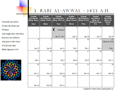 Muslim Calendar for the year 1433 A.H.