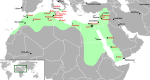 Extent of the Fatimid Caliphate: Egypt became the epicenter of the Fatimid empire that included at its peak North Africa, Sicily, Palestine, Lebanon, Syria, the Red Sea coast of Africa, Yemen and the Hejaz. Egypt flourished as the Fatimids developed an extensive trade and diplomatic network and ties which extended all the way to China in the east. Image via Wikipedia - click to enlarge