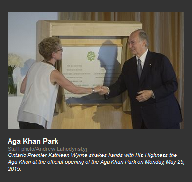Ontario Premier Kathleen Wynne shakes hands with His Highness the Aga Khan at the official opening of the Aga Khan Park on Monday, May 25, 2015.