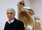 Iranian artist Parviz Tanavoli stands near one of his sculptures called “Heech on Chair” at the Davis Museum on the campus of Wellesley College. AP Photo/Steven Senne