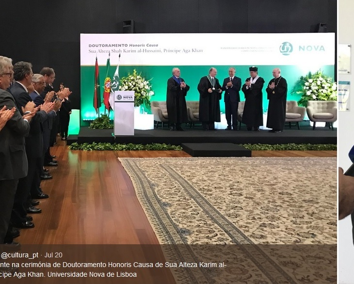 His Highness Prince Karim Aga Khan receives a standing ovation. Image on the right: Portugal's Minister of Culture, Luís Filipe Castro Mendes in an interview following the honorary doctorate ceremony at the Universidade NOVA de Lisboa (image credit: Oficial do Gabinete do Ministro da Cultura)