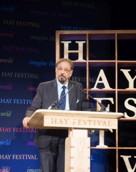 Dr Keshavjee on stage at Hay-on-Wye - Hay Festival 2018. The Ronald Higgins Memorial Lecture - Mediation and Restorative Justice. Friday 1 June 2018. Photo Russell Harris